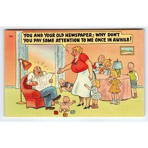 Vintage Linen Comic Postcard Family Newspaper Humor by Asheville Postcard